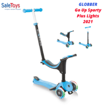 Детский трёхколёсный самокат-трансформер 3 в 1 с сиденьем и родительской ручкой Globber Go Up Sporty Plus Lights Голубой