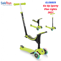Детский трёхколёсный самокат-трансформер 3 в 1 с сиденьем и родительской ручкой Globber Go Up Sporty Plus Lights Зеленый
