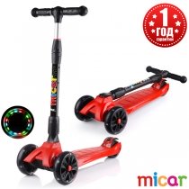 Детский трёхколёсный самокат Scooter Maxi Micar Ultra со светящимися колёсами Красный
